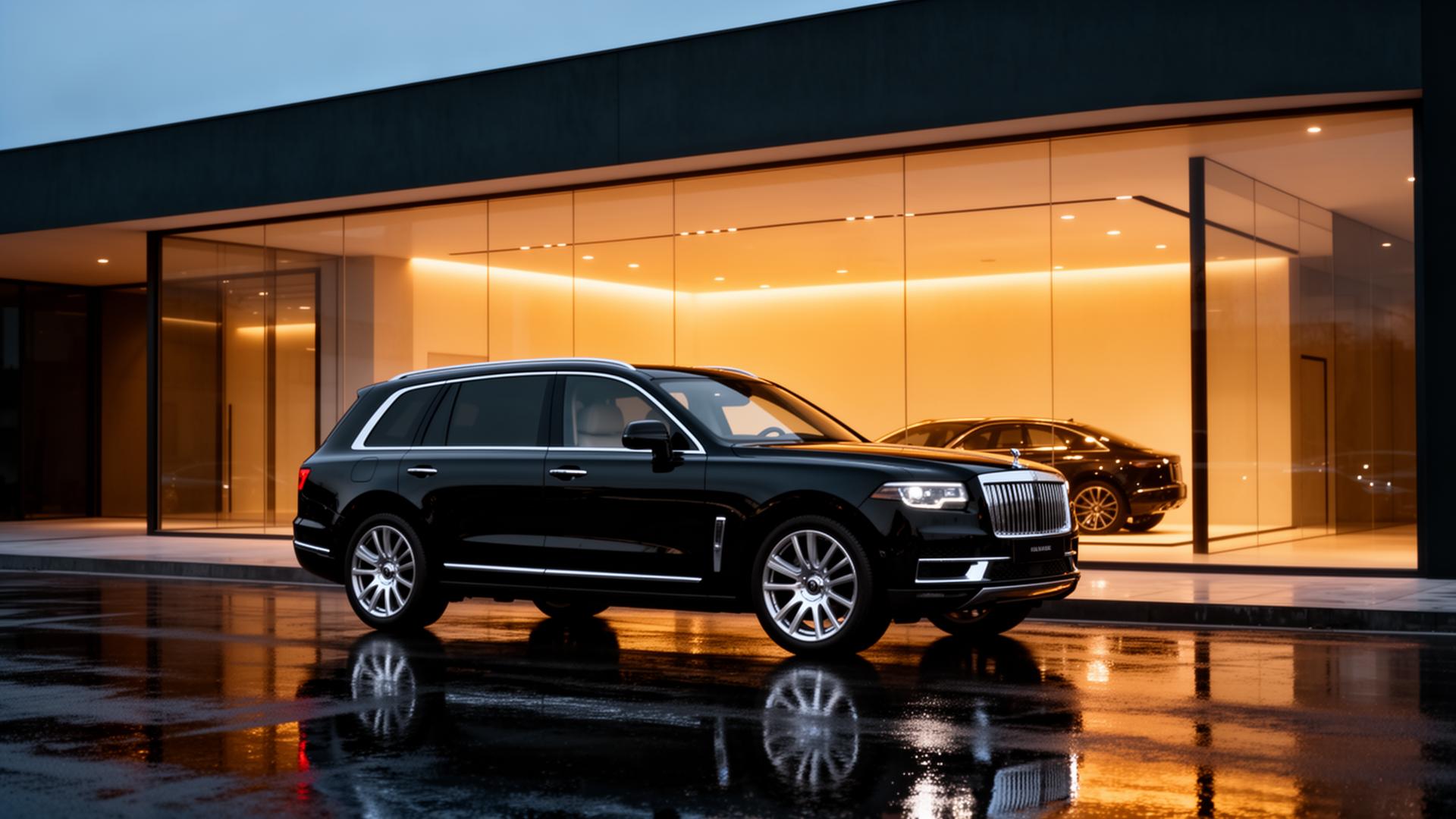 Black luxury SUV outside a modern minimalist auto studio at dusk