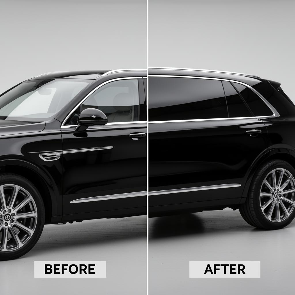 Before and after window tint comparison on a luxury black SUV